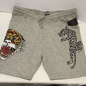 Ed Hardy Mens Gray Fleece Sweat Shorts XL Tigers Tattoo Logo Pockets NWT Y2K